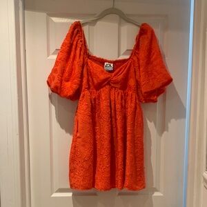 Orange Puff Sleeve Mini Dress
